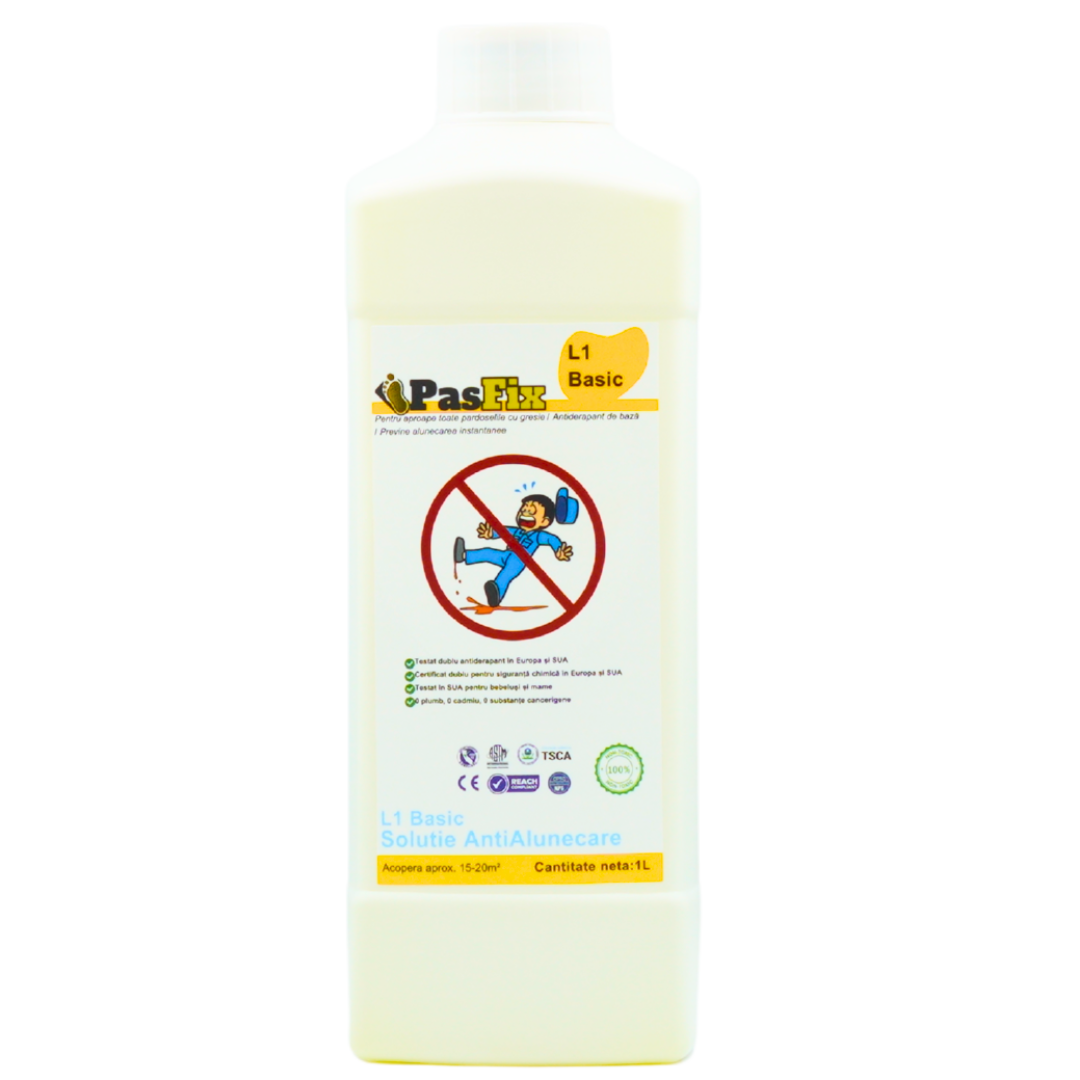 Soluție Antialunecare PasFix L1 Basic 1L – Protecție esențială pentru băi, bucătării și suprafețe cu risc de alunecare